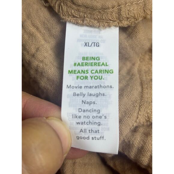 Aerie Cotton Gauze Tiered Mini Dress Tan Beige Puff Sleeve V-Neck Size XL Boho - Picture 6 of 8